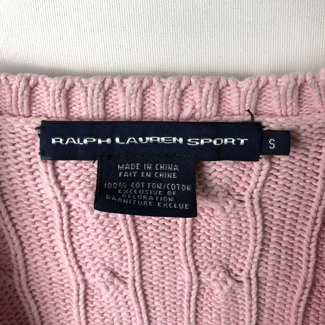 Ralph Lauren RALPH LAUREN SPORT Cable Knit V-Neck Cotton Knit Sweater, Women's Size Small cotton pink type Vintage Second Hand