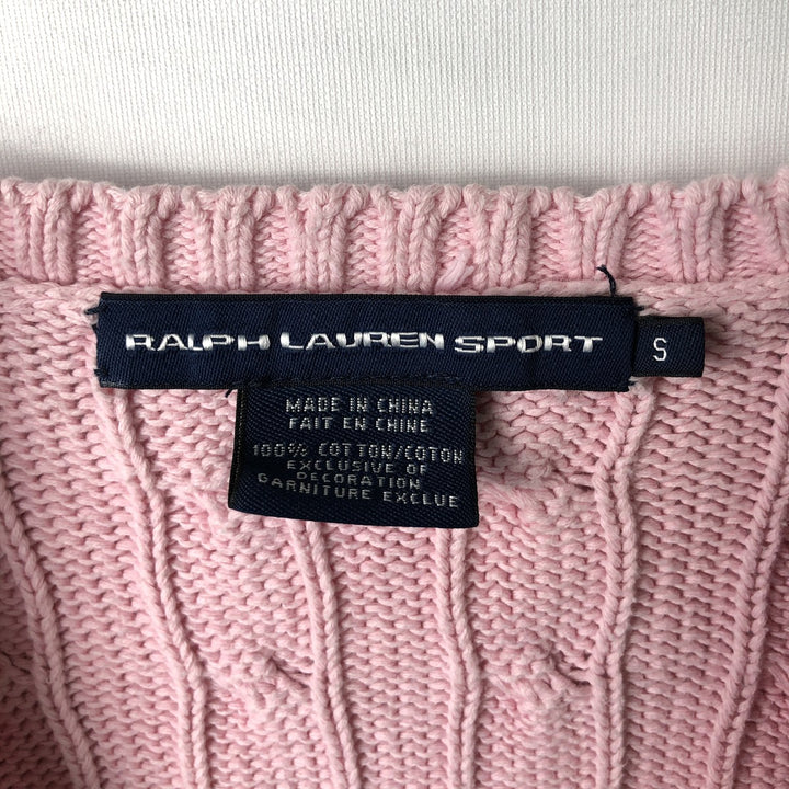 Ralph Lauren RALPH LAUREN SPORT Cable Knit V-Neck Cotton Knit Sweater, Women's Size Small cotton pink type Vintage Second Hand