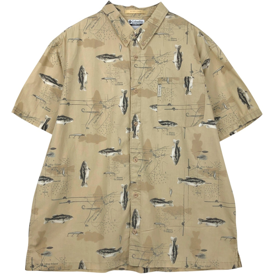 2000'S Columbia all-over fish print button-down Hawaiian Aloha shirt, boxy style, men's size XL equivalent. cotton Beige type Vintage Second Hand