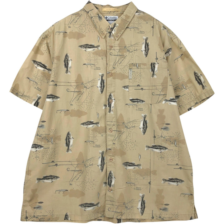 2000'S Columbia all-over fish print button-down Hawaiian Aloha shirt, boxy style, men's size XL equivalent. cotton Beige type Vintage Second Hand