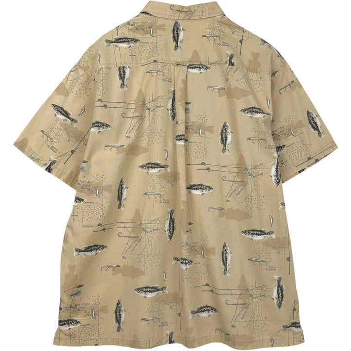 2000'S Columbia all-over fish print button-down Hawaiian Aloha shirt, boxy style, men's size XL equivalent. cotton Beige type Vintage Second Hand