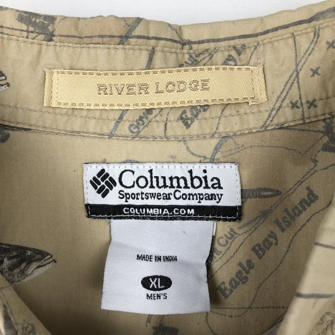 2000'S Columbia all-over fish print button-down Hawaiian Aloha shirt, boxy style, men's size XL equivalent. cotton Beige type Vintage Second Hand