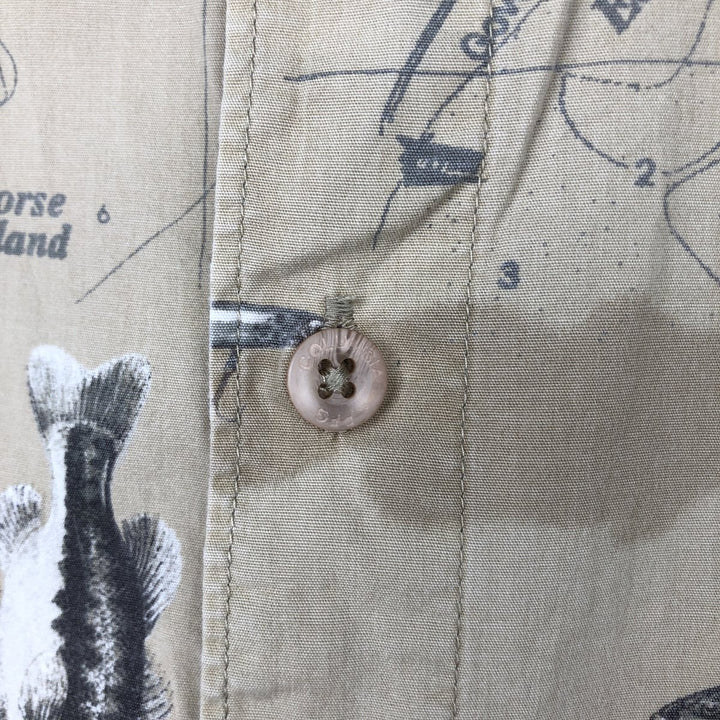 2000'S Columbia all-over fish print button-down Hawaiian Aloha shirt, boxy style, men's size XL equivalent. cotton Beige type Vintage Second Hand
