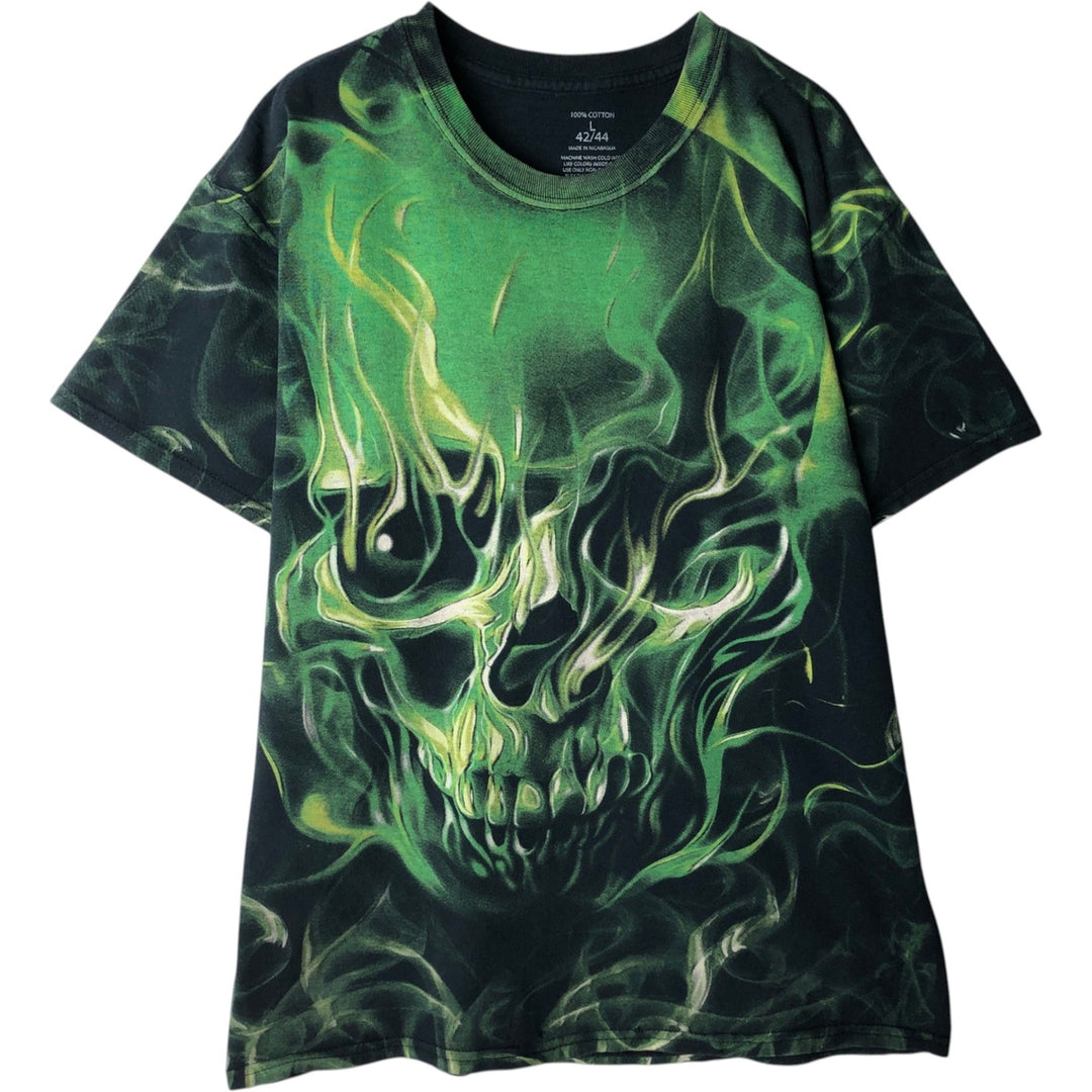 SOCUAL MEDIA Large Print Skull Pattern T-Shirt (Men's Size L) cotton black type Vintage Second Hand