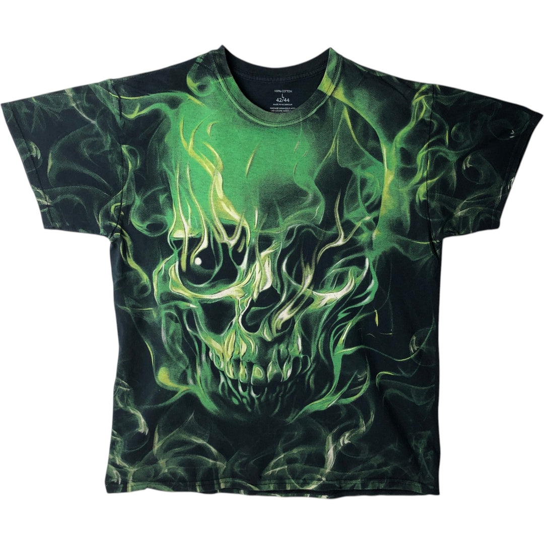 SOCUAL MEDIA Large Print Skull Pattern T-Shirt (Men's Size L) cotton black type Vintage Second Hand