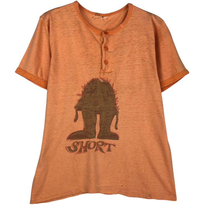 Henley neck printed t-shirt, men's size S equivalent, vintage. unclear orange type Vintage Second Hand