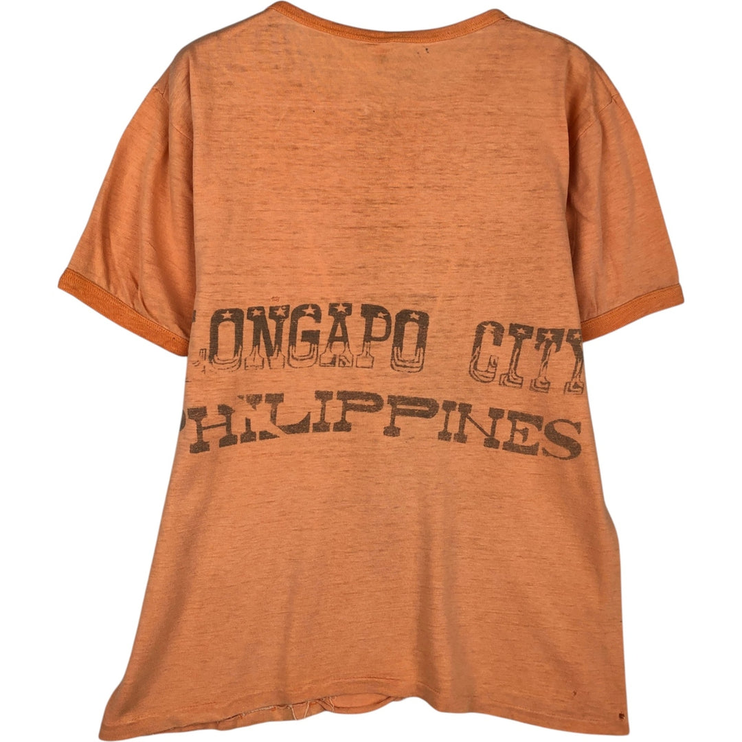 Henley neck printed t-shirt, men's size S equivalent, vintage. unclear orange type Vintage Second Hand