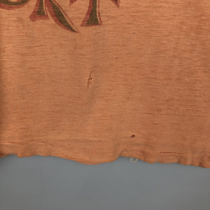 Henley neck printed t-shirt, men's size S equivalent, vintage. unclear orange type Vintage Second Hand