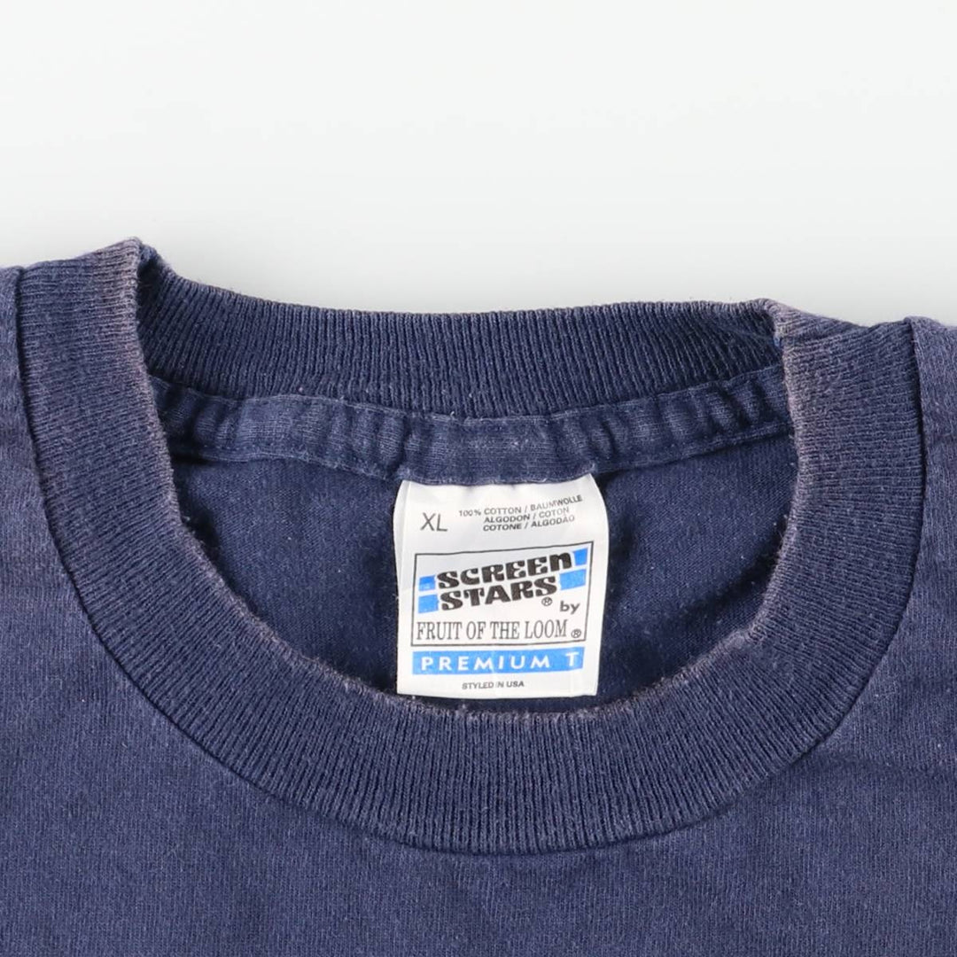 90'S Screen Stars by Fruit of the Loom Print T-Shirt, Made in USA, Men's XL equivalent, Vintage cotton navy blue type Vintage Second Hand