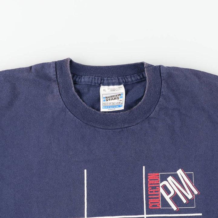 90'S Screen Stars by Fruit of the Loom Print T-Shirt, Made in USA, Men's XL equivalent, Vintage cotton navy blue type Vintage Second Hand