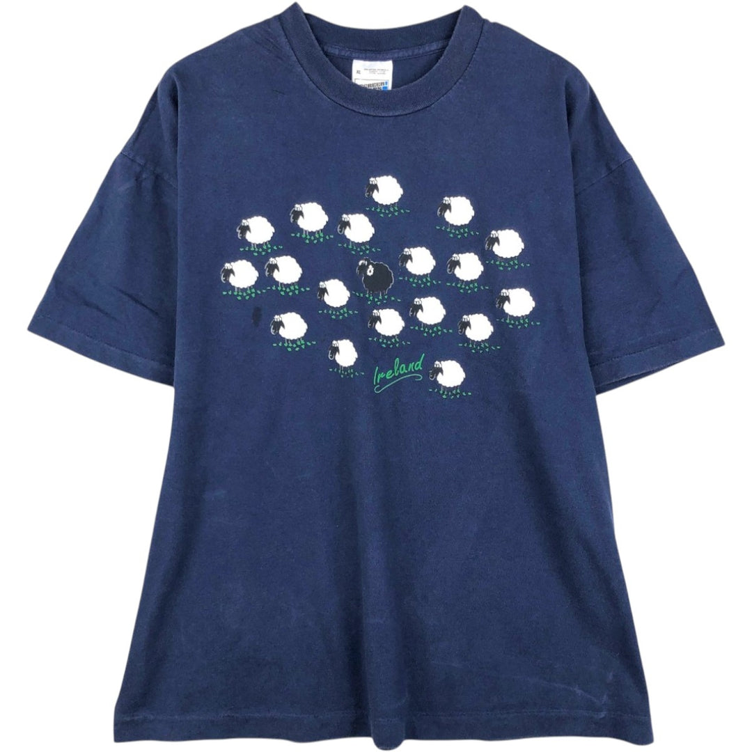 Fruit of the Loom SCREEN STARS sheep print T-shirt, men's size XL equivalent, vintage. cotton navy blue type Vintage Second Hand