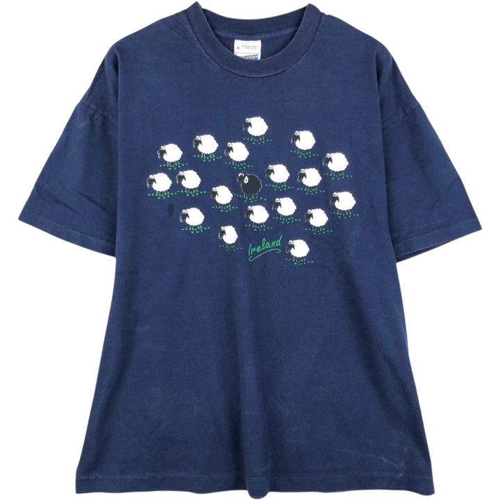Fruit of the Loom SCREEN STARS sheep print T-shirt, men's size XL equivalent, vintage. cotton navy blue type Vintage Second Hand
