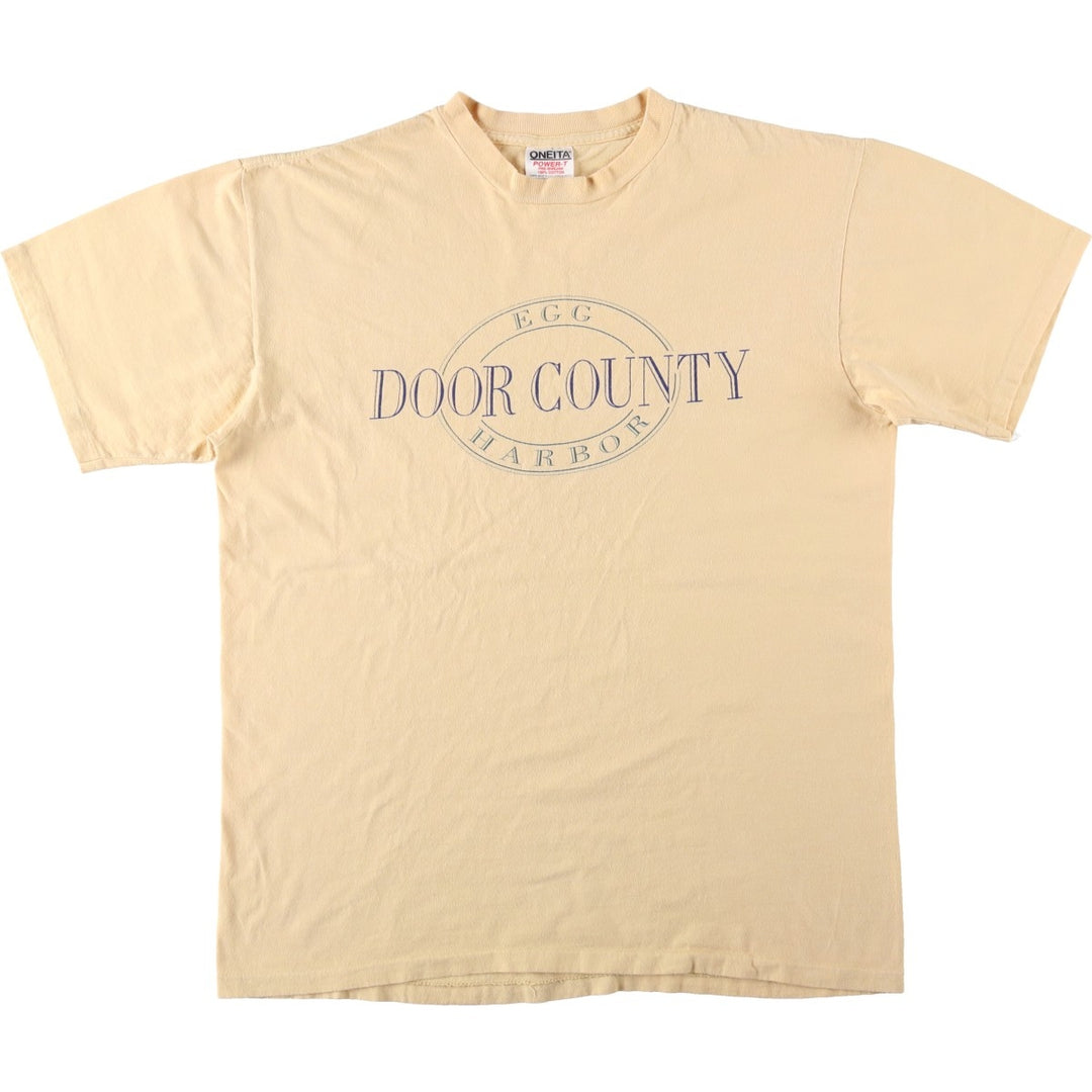 90'S ONEITA POWER-T Print T-Shirt, Made in USA, Large Size cotton Beige type Vintage Second Hand
