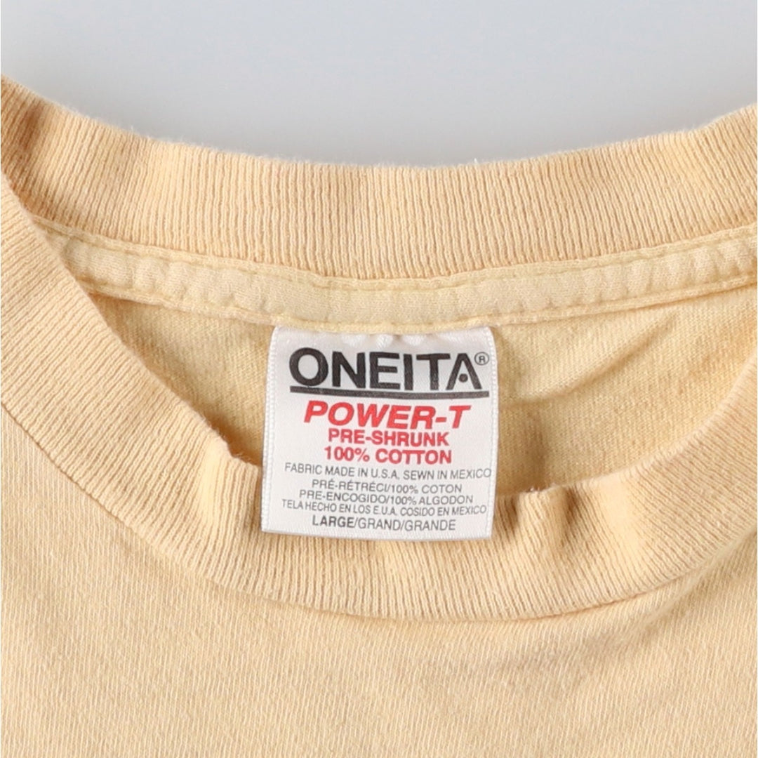 90'S ONEITA POWER-T Print T-Shirt, Made in USA, Large Size cotton Beige type Vintage Second Hand