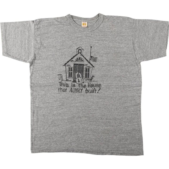 70'S Russell Print T-Shirt, Made in USA, Men's XL equivalent, Single Stitch, Vintage cotton gray type Vintage Second Hand