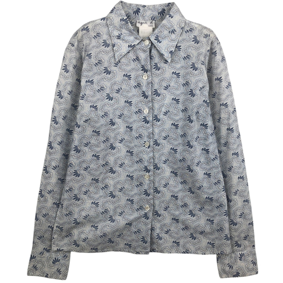 agnes b. all-over print long-sleeved cotton shirt, made in France, women's size S equivalent. cotton Blue type light blue Vintage Second Hand