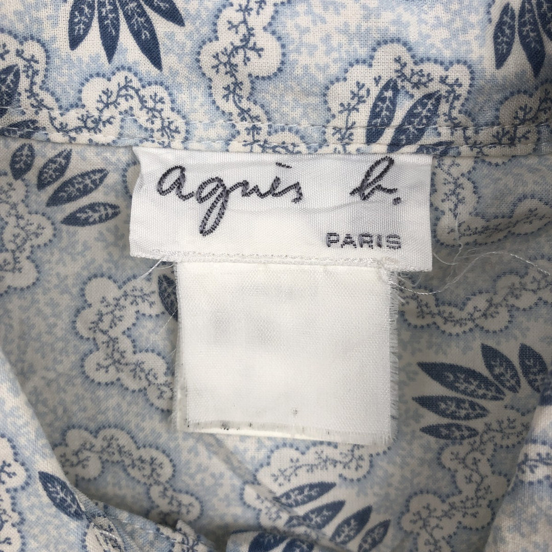 agnes b. all-over print long-sleeved cotton shirt, made in France, women's size S equivalent. cotton Blue type light blue Vintage Second Hand