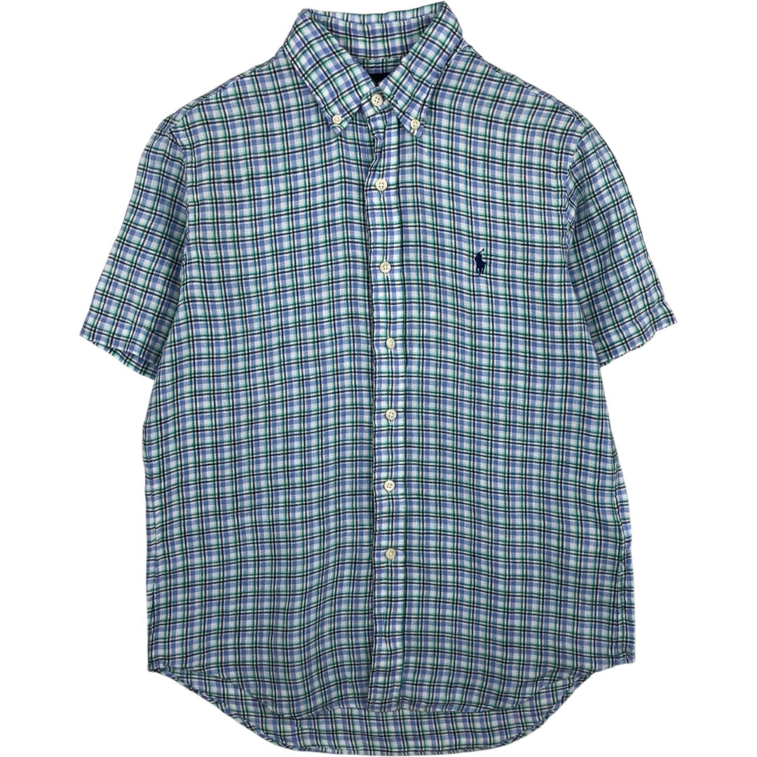 Ralph Lauren CLASSIC FIT Check Pattern Button-Down Short-Sleeve Linen Shirt (Men's Size S) linen blue type Vintage Second Hand