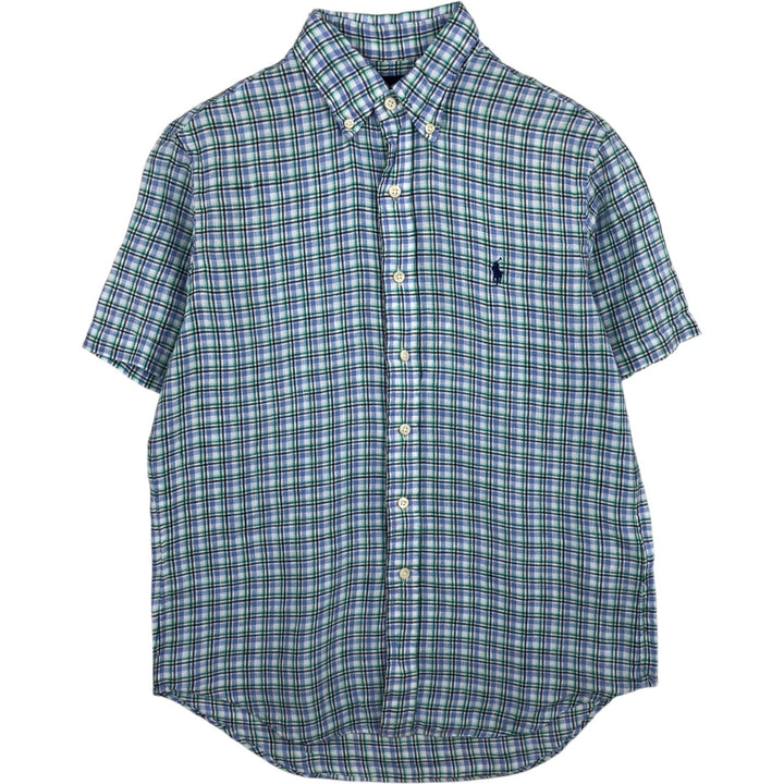 Ralph Lauren CLASSIC FIT Check Pattern Button-Down Short-Sleeve Linen Shirt (Men's Size S) linen blue type Vintage Second Hand