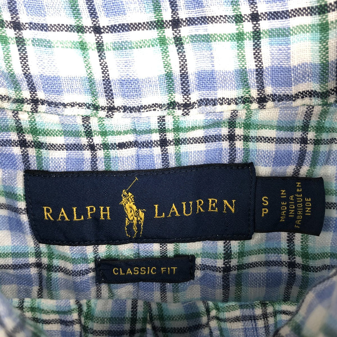 Ralph Lauren CLASSIC FIT Check Pattern Button-Down Short-Sleeve Linen Shirt (Men's Size S) linen blue type Vintage Second Hand