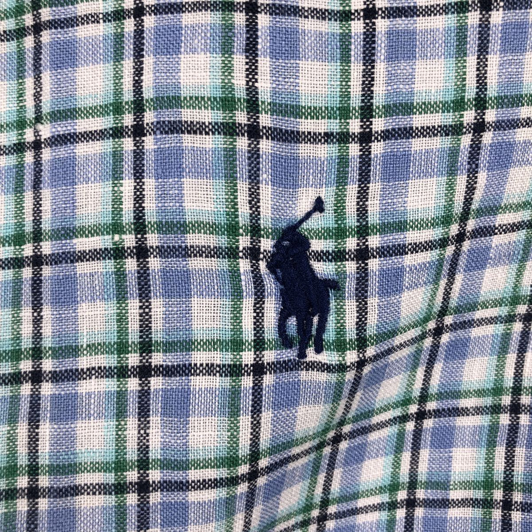Ralph Lauren CLASSIC FIT Check Pattern Button-Down Short-Sleeve Linen Shirt (Men's Size S) linen blue type Vintage Second Hand