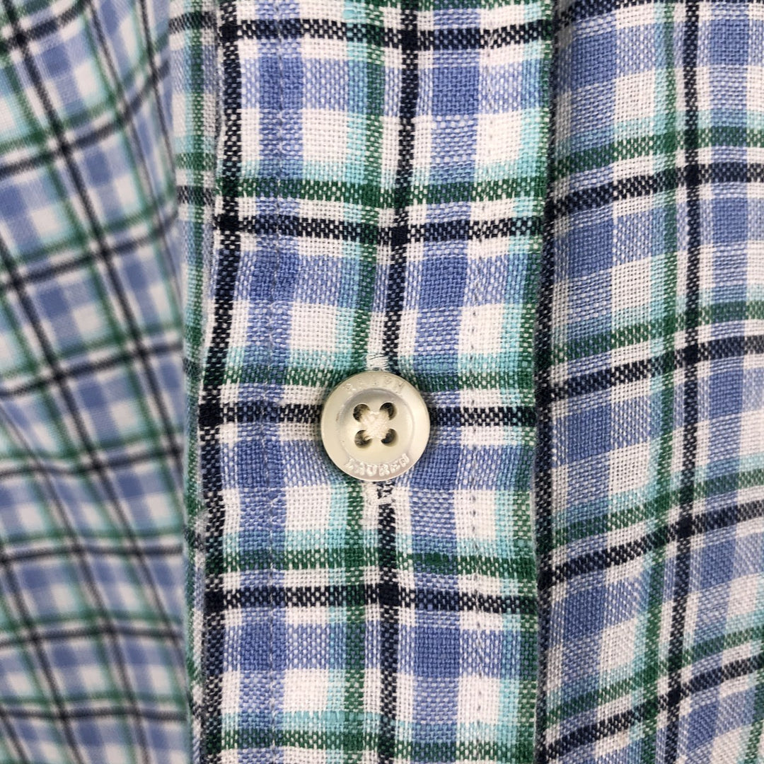 Ralph Lauren CLASSIC FIT Check Pattern Button-Down Short-Sleeve Linen Shirt (Men's Size S) linen blue type Vintage Second Hand