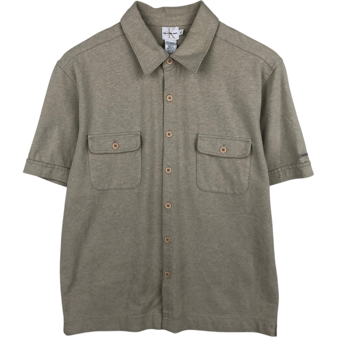 90s-00'S Calvin Klein Jeans Short-Sleeve Cotton Box Shirt, Men's Size M (approx.), Vintage cotton Khaki type sage green Vintage Second Hand