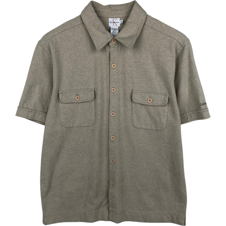 90s-00'S Calvin Klein Jeans Short-Sleeve Cotton Box Shirt, Men's Size M (approx.), Vintage cotton Khaki type sage green Vintage Second Hand
