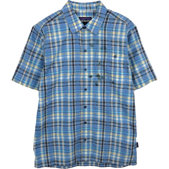 Patagonia Packerwear Shirt 53004SP18 Check Pattern Seersucker Short Sleeve Poly-Cotton Shirt Men's Size S polyester Blue type light blue Vintage Second Hand