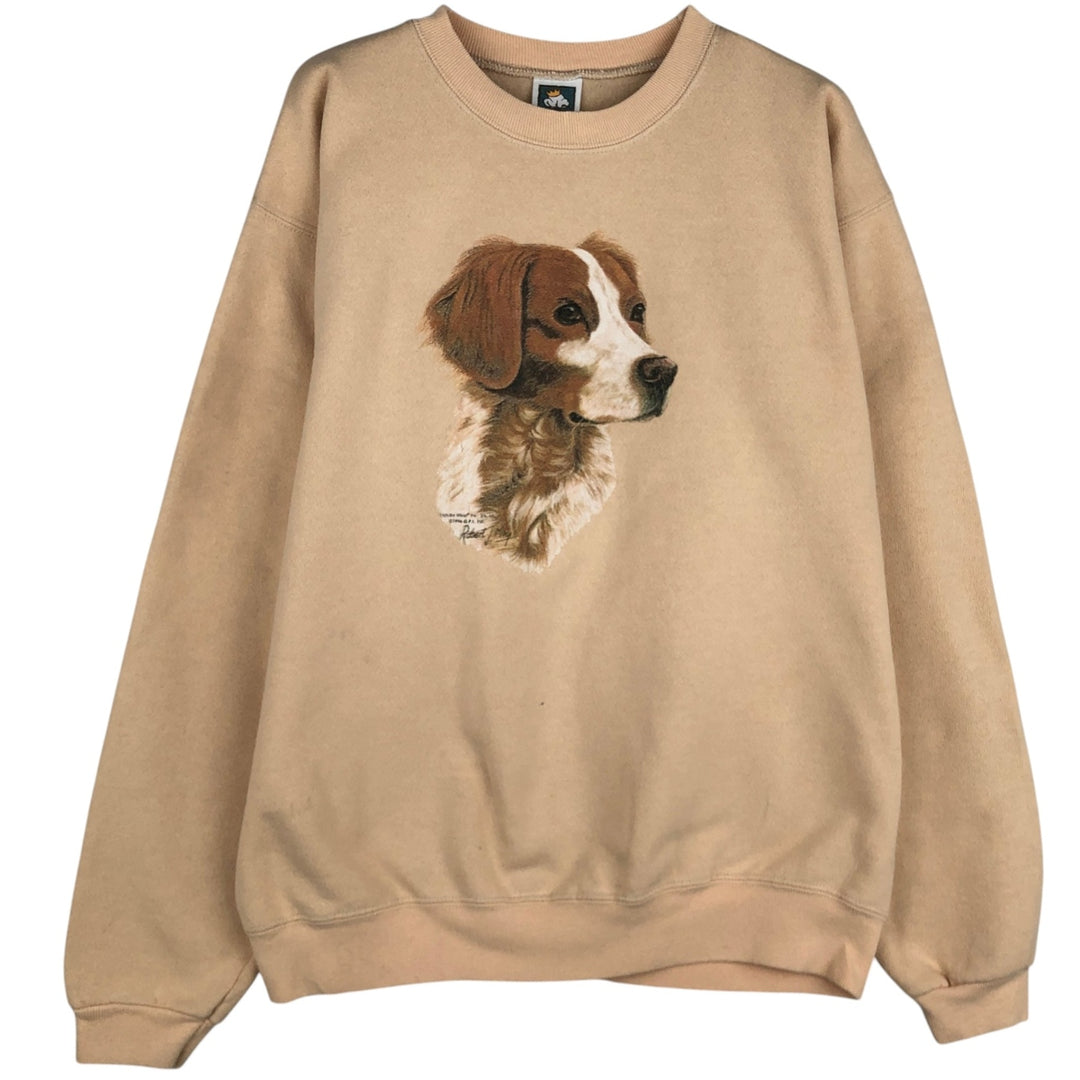 90'S Cotton Deluxe Fleece Brittany Spaniel Dog Print Animal Sweatshirt, Made in USA, Men's Size M (approx.) cotton Beige type Vintage Second Hand