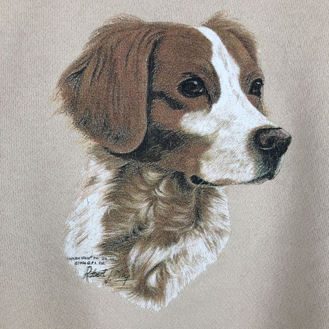 90'S Cotton Deluxe Fleece Brittany Spaniel Dog Print Animal Sweatshirt, Made in USA, Men's Size M (approx.) cotton Beige type Vintage Second Hand