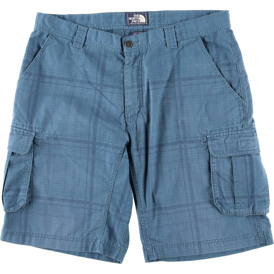 The North Face Check Pattern Cargo Shorts, Half Pants, Cargo Pockets, Men's W36 (approx.), Vintage cotton blue type Vintage Second Hand