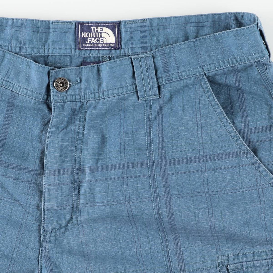 The North Face Check Pattern Cargo Shorts, Half Pants, Cargo Pockets, Men's W36 (approx.), Vintage cotton blue type Vintage Second Hand