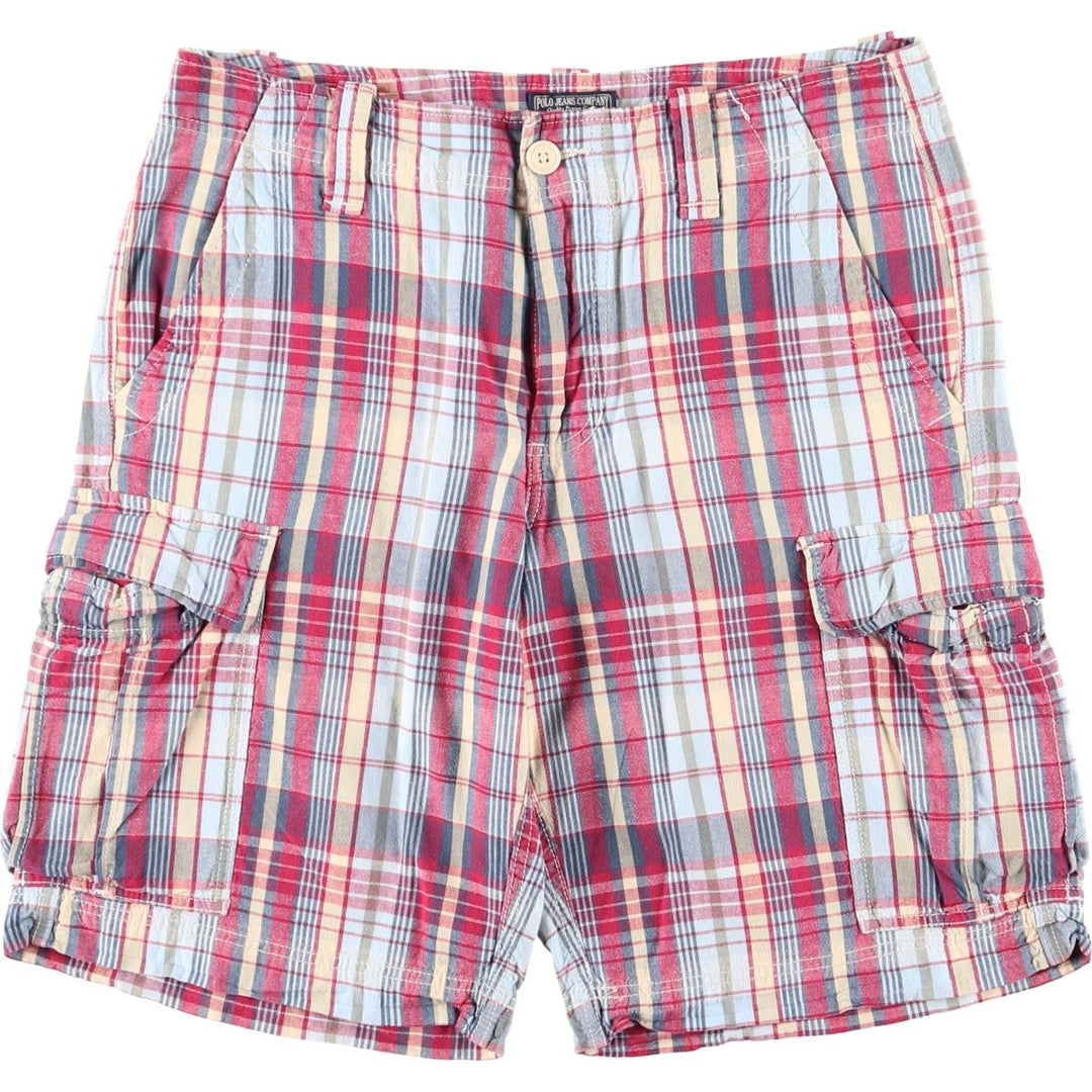 Ralph Lauren POLO JEANS COMPANY Madras Check Cargo Shorts, Half Pants, Cargo Pockets, Men's W32 (approx.) cotton red type Vintage Second Hand