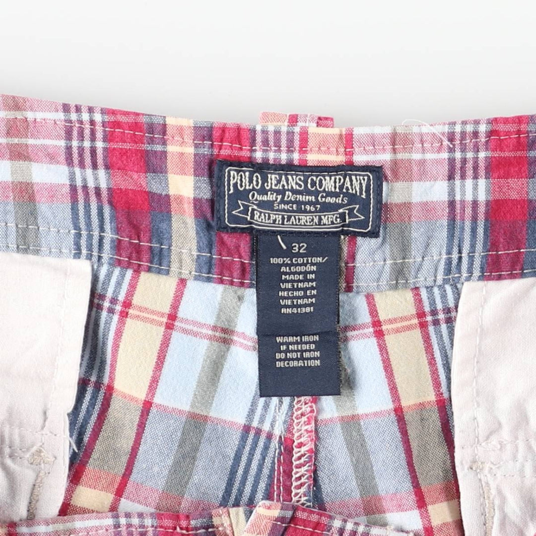 Ralph Lauren POLO JEANS COMPANY Madras Check Cargo Shorts, Half Pants, Cargo Pockets, Men's W32 (approx.) cotton red type Vintage Second Hand