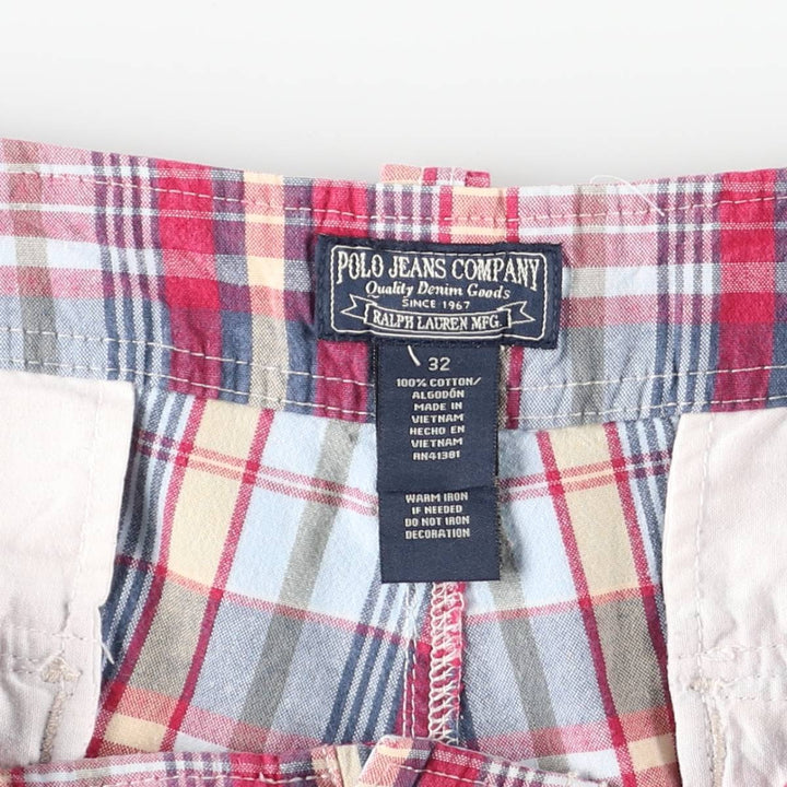 Ralph Lauren POLO JEANS COMPANY Madras Check Cargo Shorts, Half Pants, Cargo Pockets, Men's W32 (approx.) cotton red type Vintage Second Hand