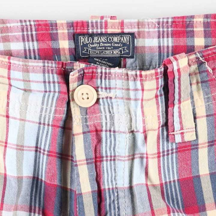 Ralph Lauren POLO JEANS COMPANY Madras Check Cargo Shorts, Half Pants, Cargo Pockets, Men's W32 (approx.) cotton red type Vintage Second Hand
