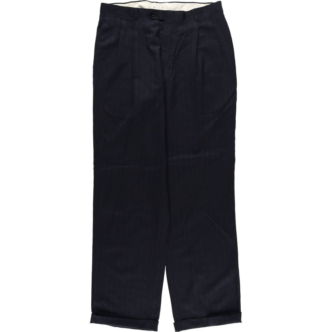 Striped Pattern Two-Pleat Wool Trousers, Men's Size W33 (approx.), Vintage wool black type Vintage Second Hand