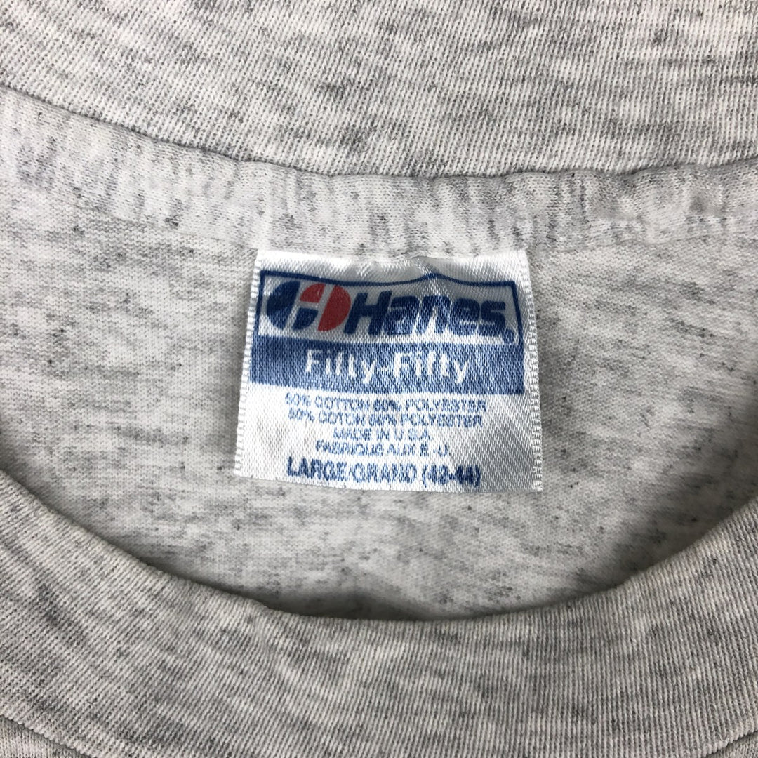 80'S Hanes Fifty-Fifty Blue Tag Printed T-Shirt Made in USA Men's L Size Vintage cotton gray type Vintage Second Hand
