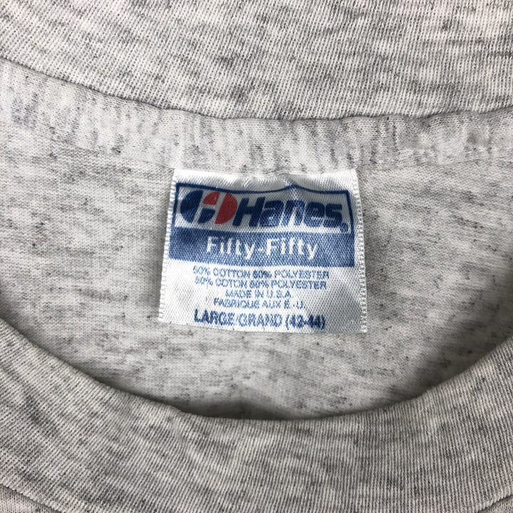 80'S Hanes Fifty-Fifty Blue Tag Printed T-Shirt Made in USA Men's L Size Vintage cotton gray type Vintage Second Hand
