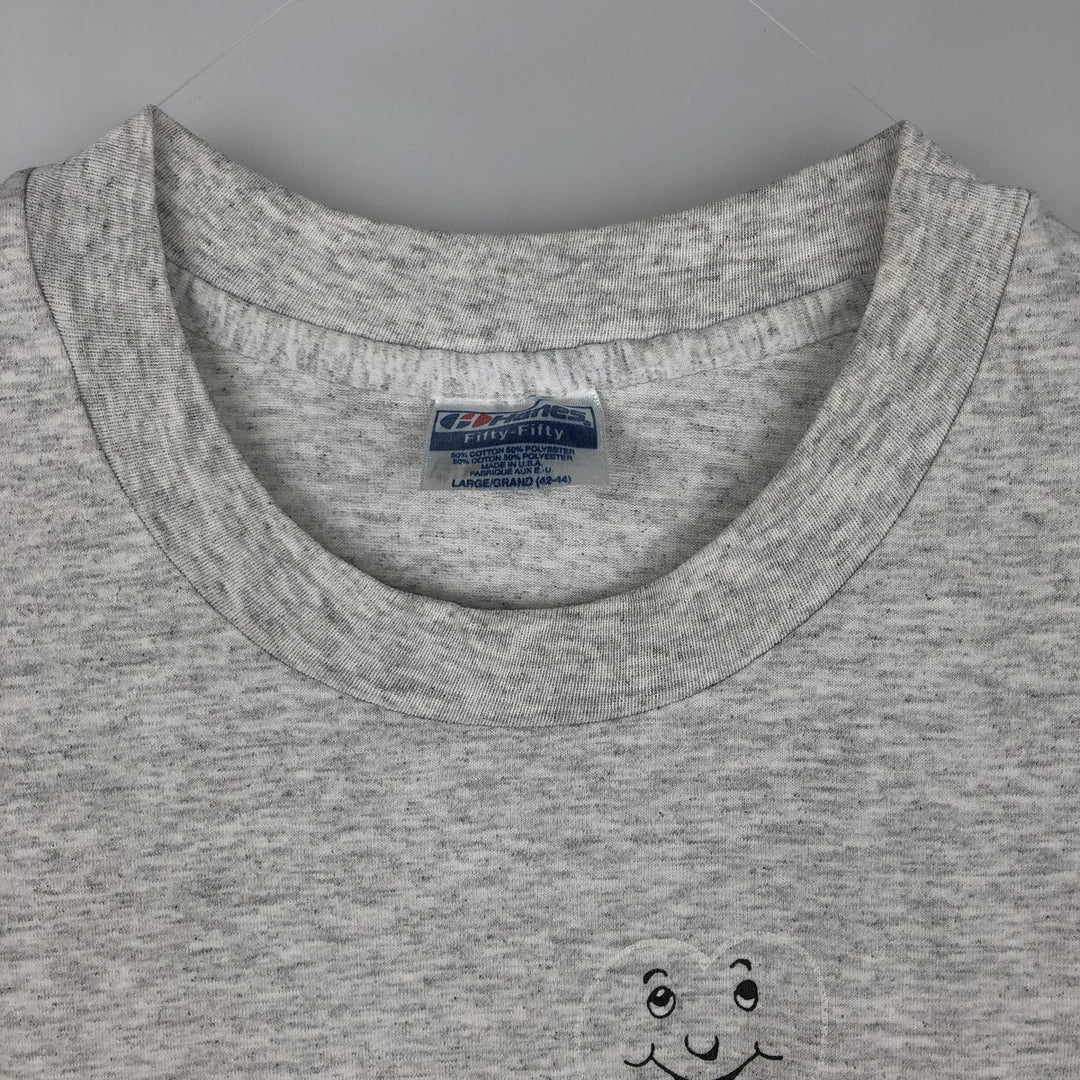 80'S Hanes Fifty-Fifty Blue Tag Printed T-Shirt Made in USA Men's L Size Vintage cotton gray type Vintage Second Hand