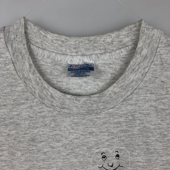 80'S Hanes Fifty-Fifty Blue Tag Printed T-Shirt Made in USA Men's L Size Vintage cotton gray type Vintage Second Hand