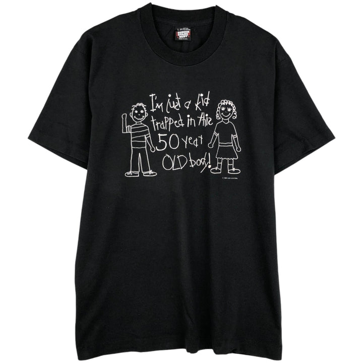80'S SCREEN STARS Message Print T-Shirt Made in USA Men's L Size Vintage cotton black type Vintage Second Hand