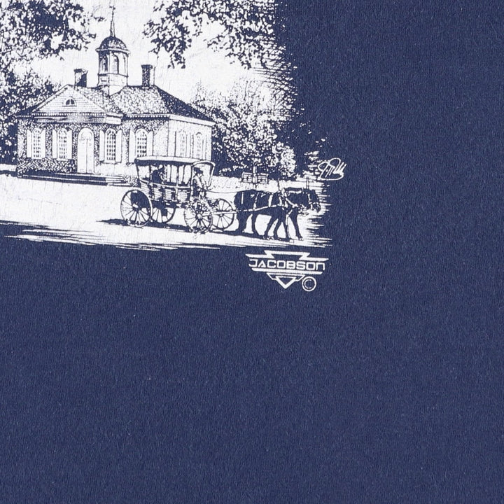 90'S ONEITA Colonial Williamsburg Print T-Shirt, Made in USA, Men's Size M (Equivalent), Vintage cotton navy blue type Vintage Second Hand