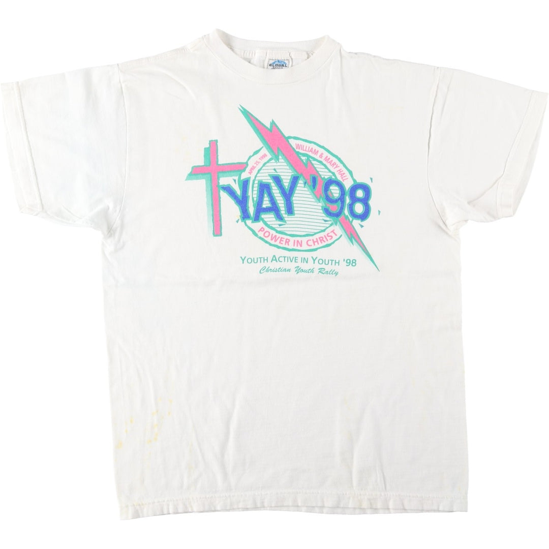90'S GLOBAL Youth Active in Youth '98 Print T-Shirt, Men's Size L (Equivalent), Vintage cotton white type Vintage Second Hand