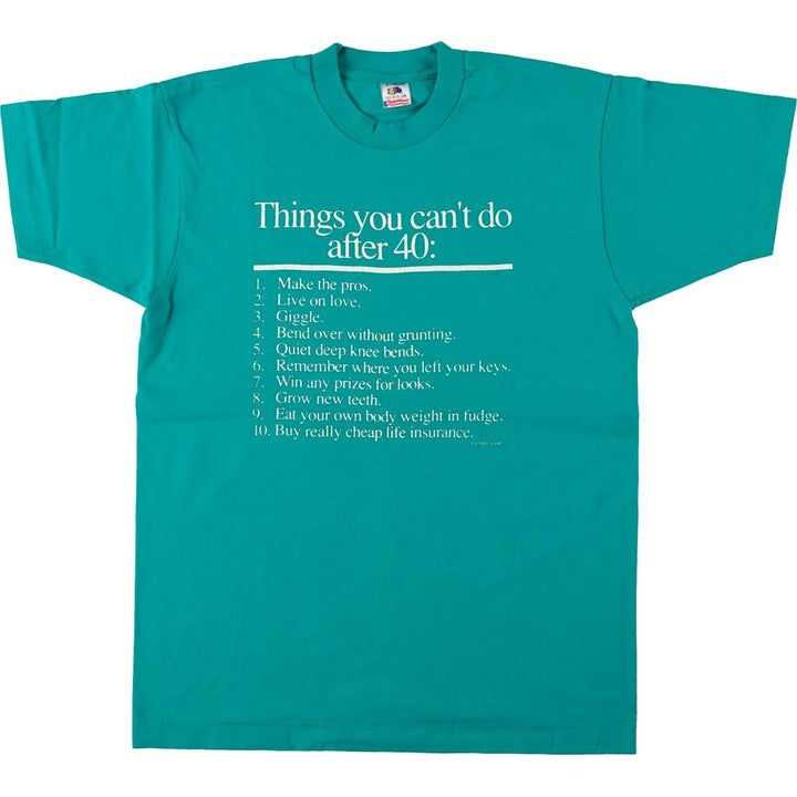 90'S Fruit of the Loom Message Print T-Shirt Made in USA Men's L Size Vintage cotton turquoise blue Vintage Second Hand