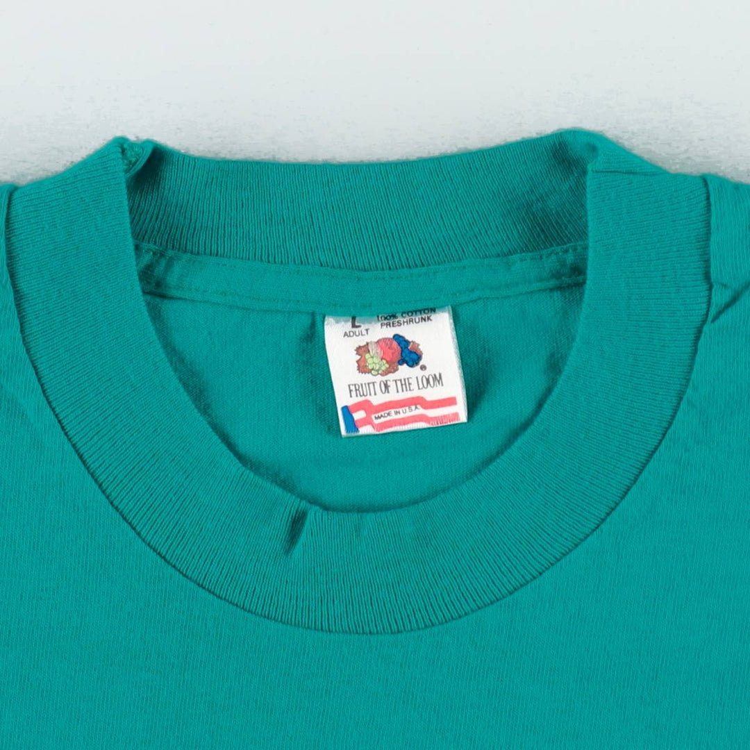 90'S Fruit of the Loom Message Print T-Shirt Made in USA Men's L Size Vintage cotton turquoise blue Vintage Second Hand