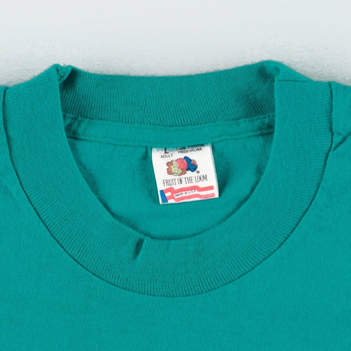 90'S Fruit of the Loom Message Print T-Shirt Made in USA Men's L Size Vintage cotton turquoise blue Vintage Second Hand