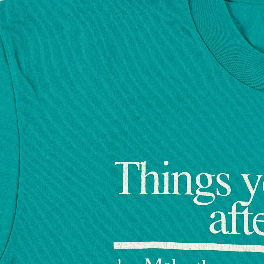 90'S Fruit of the Loom Message Print T-Shirt Made in USA Men's L Size Vintage cotton turquoise blue Vintage Second Hand