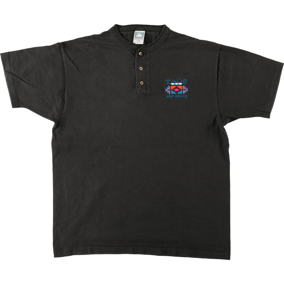 90'S Cotton Deluxe Henley Neck T-Shirt, Made in USA, Men's XL equivalent, Vintage cotton black type Vintage Second Hand